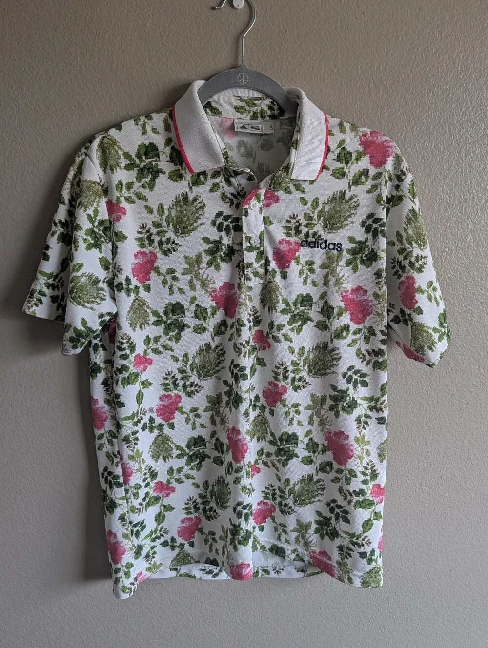 Adidas Japanese Floral Print Polo Golf Shirt Y2K Logo White Green Pink Size L